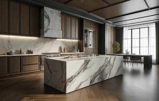 Marble Islands with Wooden Cabinets