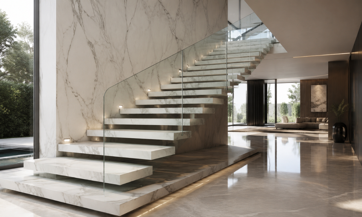 Cantilevered Statuario Marble Staircase
