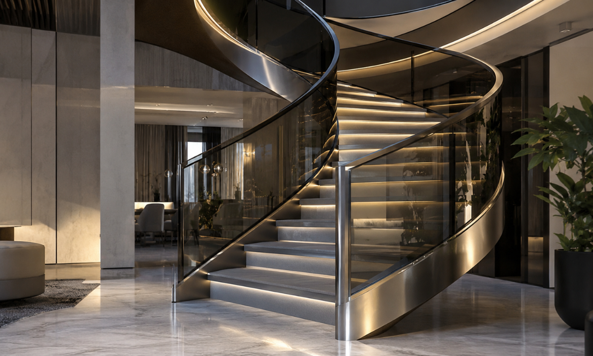 Smoked Glass Titanium Spiral Staircase
