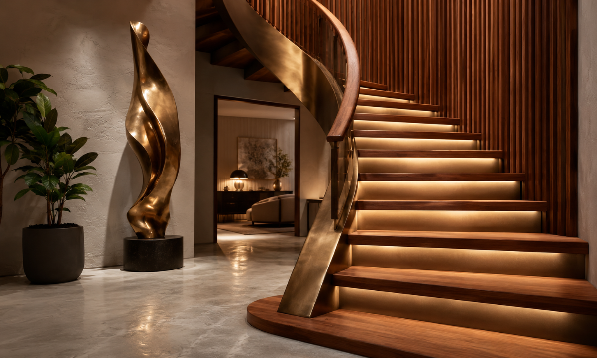 Liquid Bronze & Fluted Teak Staircase