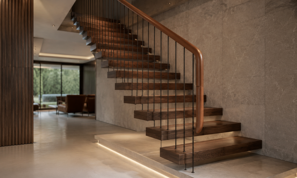 Floating Walnut & Leather Staircase