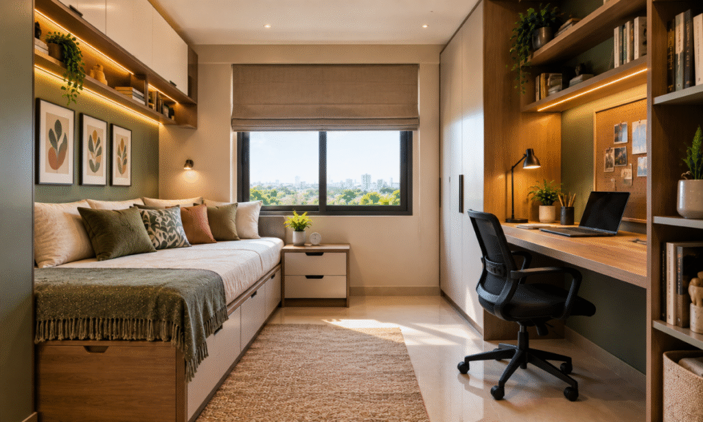 Multifunctional second bedroom with workspace and guest area