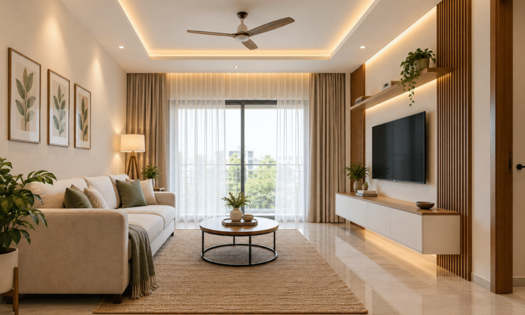 Simple false ceiling design for a modern 2 BHK apartment