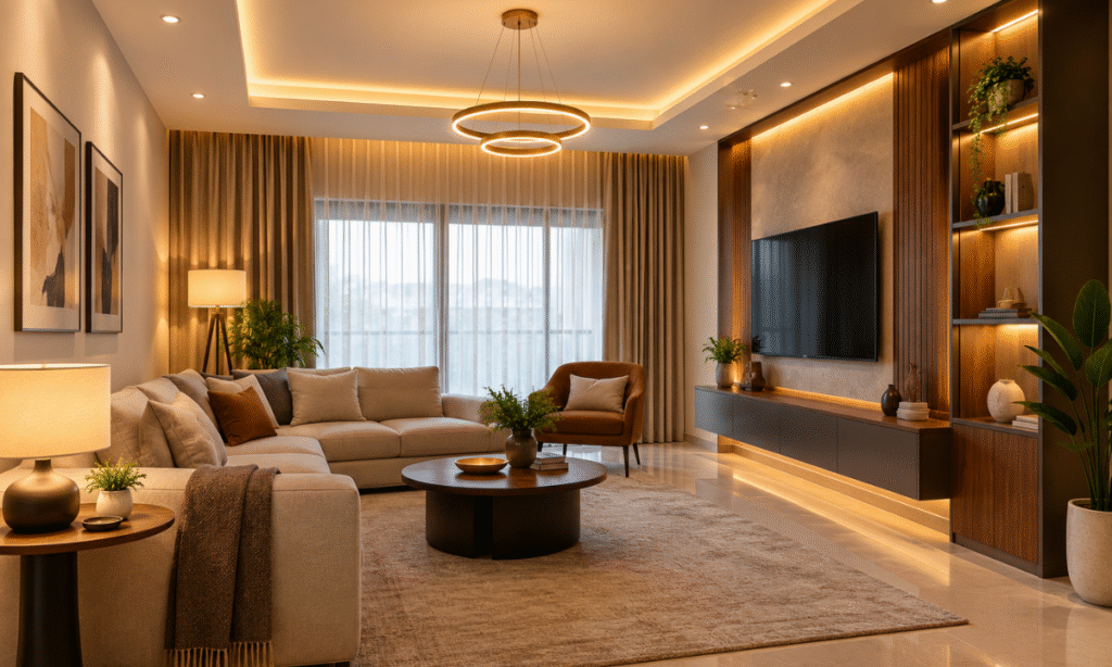 Layered lighting design for a modern 2 BHK apartment