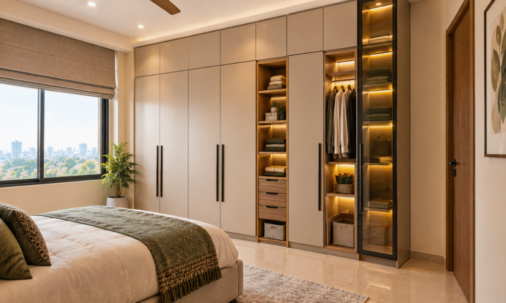 Full-height storage cabinets in a modern 2 BHK apartment